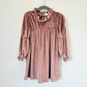 Shein Girls Dusty Rose Velvet Swing Dress Ruffle Long Sleeve 4T